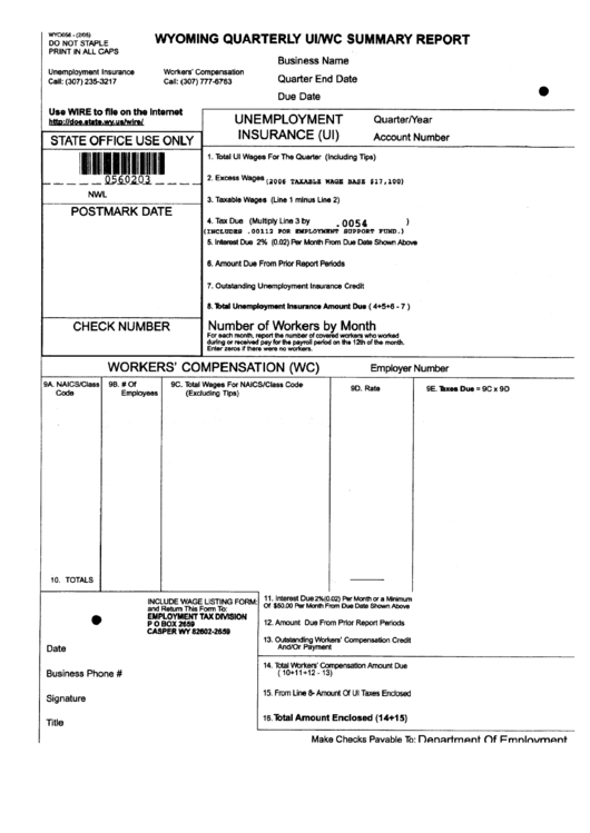 Form Wyo056 - Wyoming Quarterly Ui/wc Summary Report - Department Of Employment Printable pdf