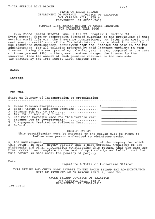 Form T-71a - Surplus Line Broker Return Of Gross Premiums For Calendar Year 2006 - Rhode Island Department Of Revenue Printable pdf