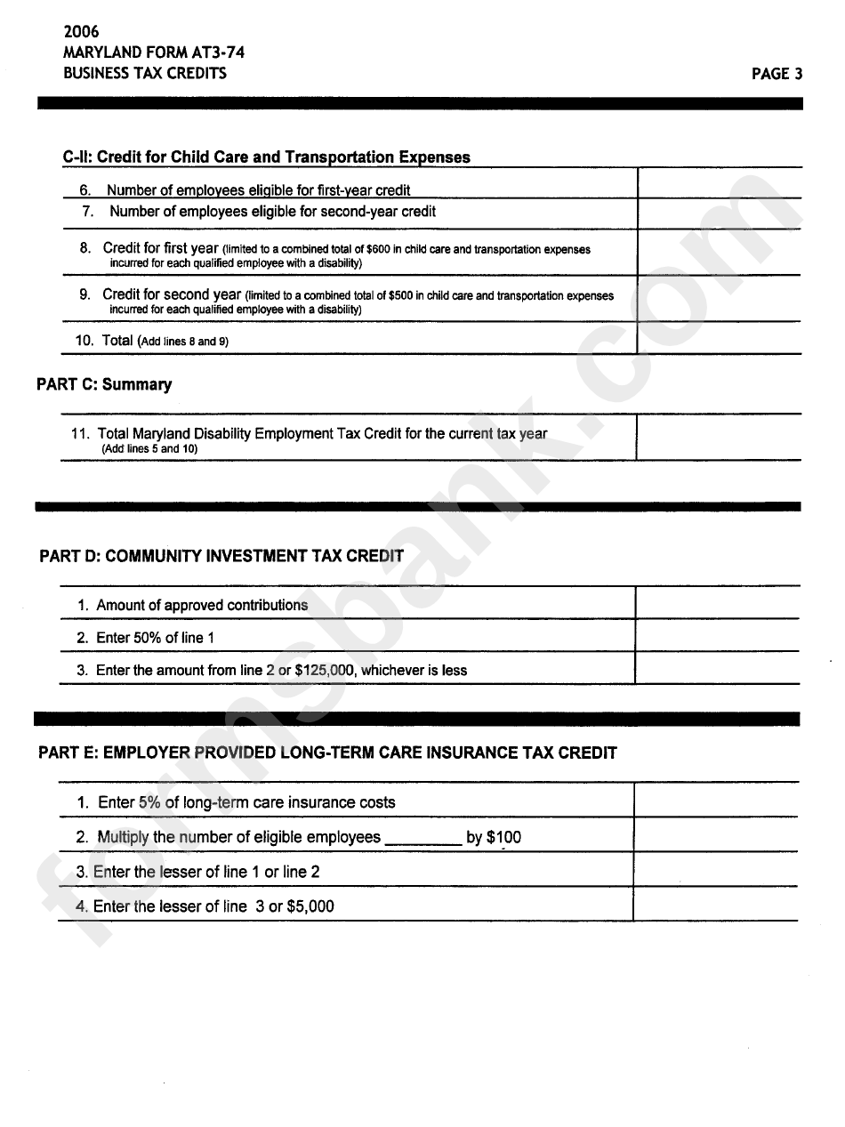 Maryland Form At3-74 - Business Tax Credits - 2006