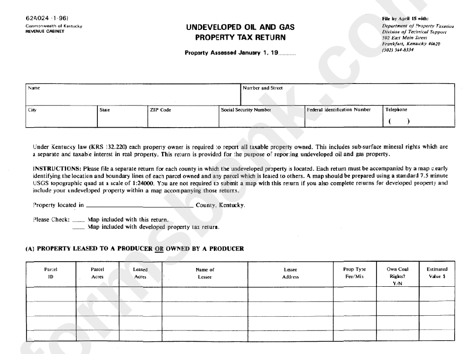 Form 62a024 - Undeveloped Oil And Gas Property Tax Return - Kentucky Department Of Property Taxation
