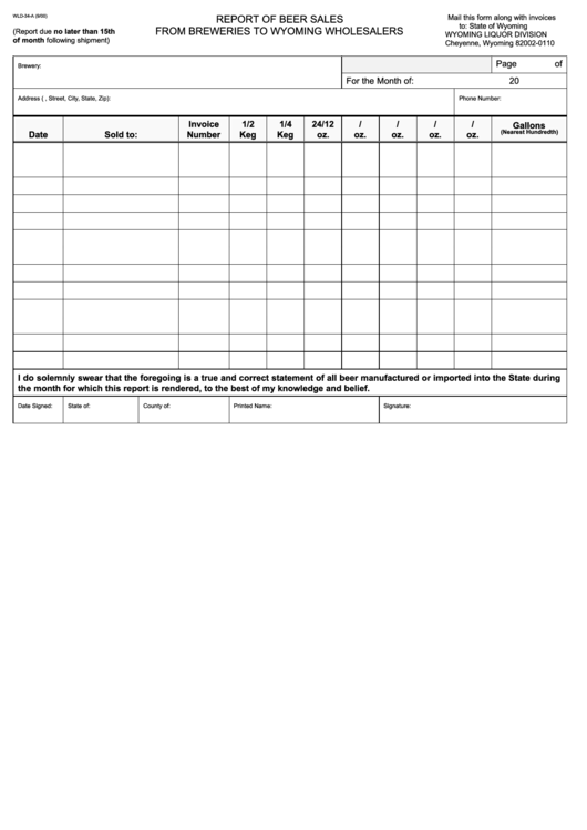 Form Wld-34-A - Report Of Beer Sales Form Breweries To Wyoming Wholesalers - Wyoming Liquor Division Printable pdf