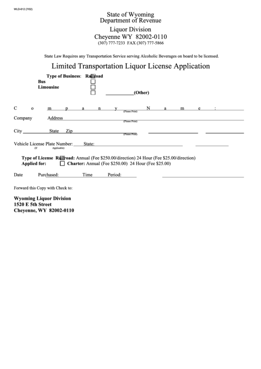Form Wld-612 - Limited Transportation Liquor License Application - Wyoming Department Of Revenue Printable pdf
