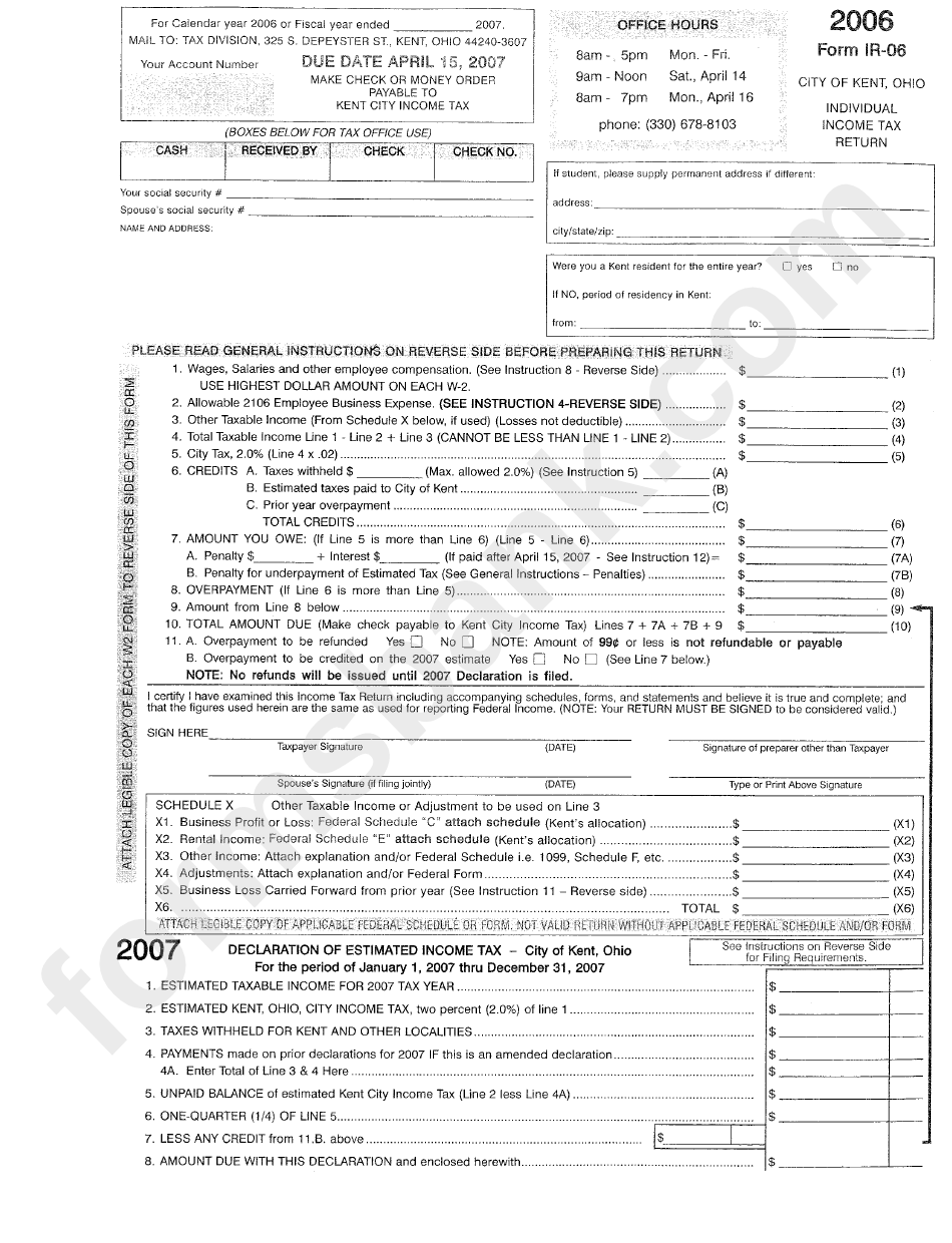 Form Ir-06 - Individual Income Tax Return - City Of Kent, Ohio - 2006