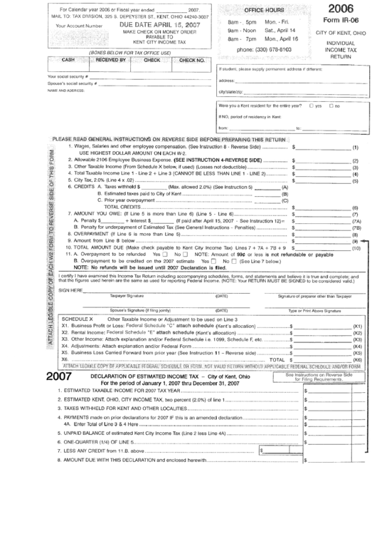 Form Ir-06 - Individual Income Tax Return - City Of Kent, Ohio - 2006 Printable pdf