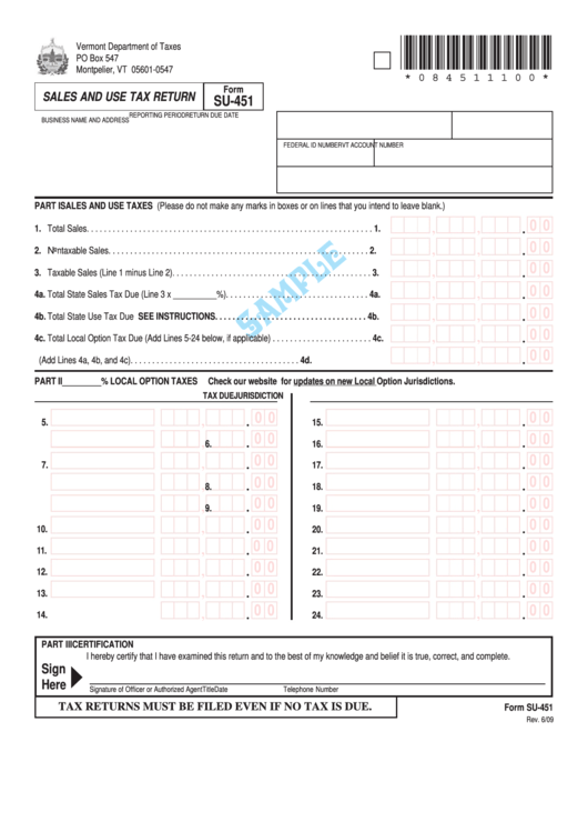 Form Su-451 Sample - Sales And Use Tax Return - Vermont Department Of Taxes Printable pdf