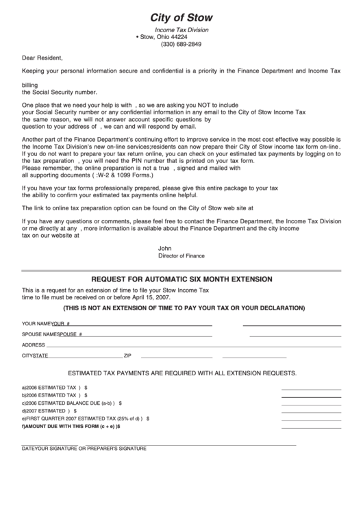 Request For Automatic Six Month Extension - City Of Stow, Ohio Income Tax Division Printable pdf