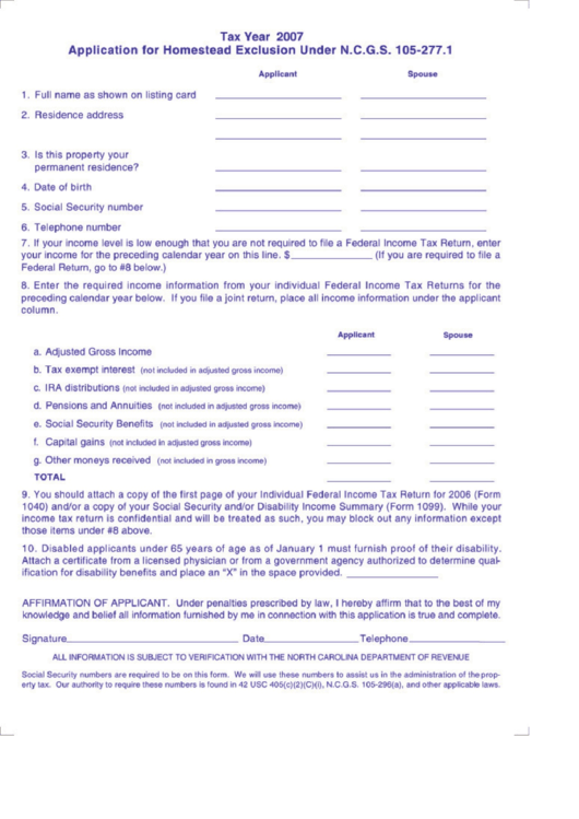 Application For Homestead Exclusion Under N.c.g.s. 105-277.1 - North Carolina Department Of Revenue - 2007 Printable pdf