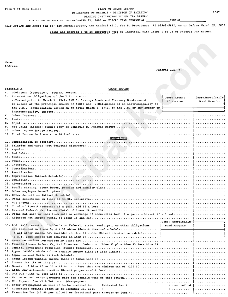Form T-74 - Banking Institution Excise Tax Return - Rhode Island Department Of Revenue