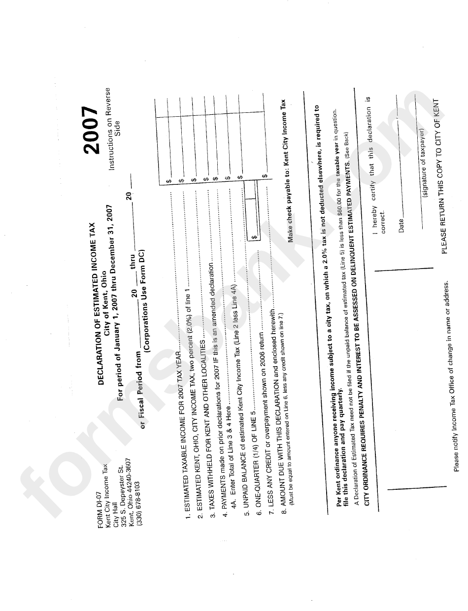 Form Di-07 - Declaration Of Estimated Income Tax - City Of Kent, Ohio - 2007