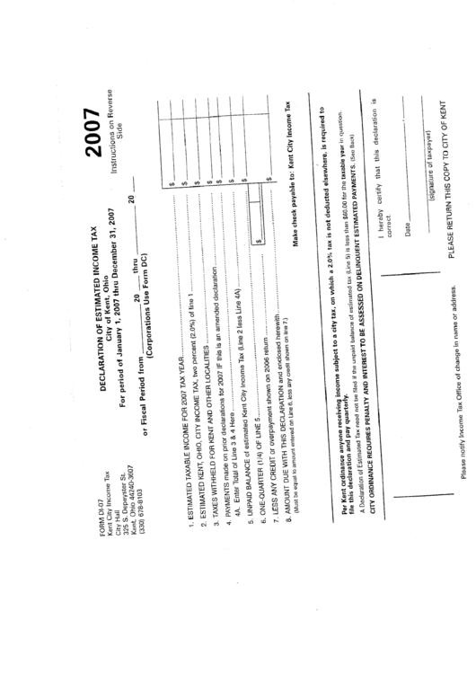 Form Di-07 - Declaration Of Estimated Income Tax - City Of Kent, Ohio - 2007 Printable pdf