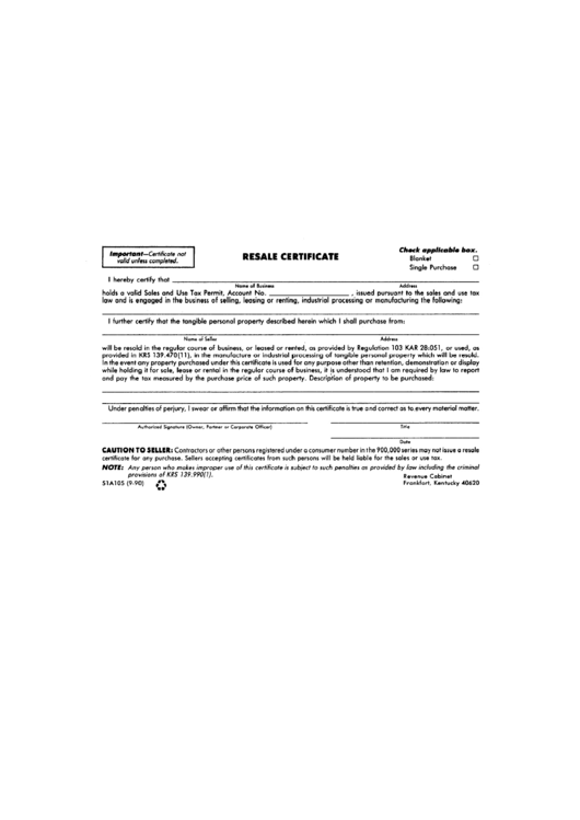 Form 51a105 - Resale Certificate - Kentucky Revenue Cabinet Printable pdf