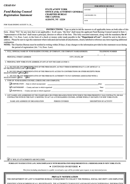 Form Char 014 - Fund Raising Counsel Registration Statement Printable pdf