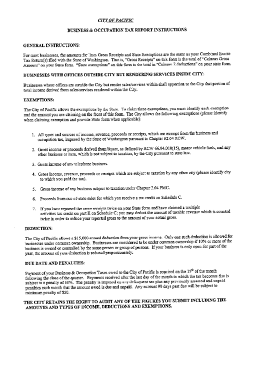 Instructions For Business & Occupation Tax Report - City Of Pacific, Washington Printable pdf