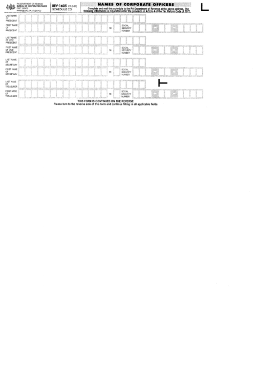 Form Rev-1605 Ct - Schedule Co - Names Of Corporate Officers - Pennsylvania Department Of Revenue Printable pdf