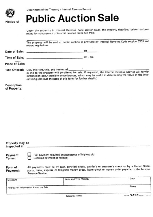 Form 2434 - Notice Of Public Auction Sale - Internal Revenue Service Printable pdf