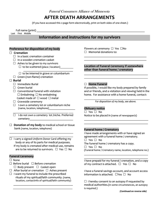 After Death Arrangements - Funeral Consumers Alliance Of Minnesota - 2014 Printable pdf