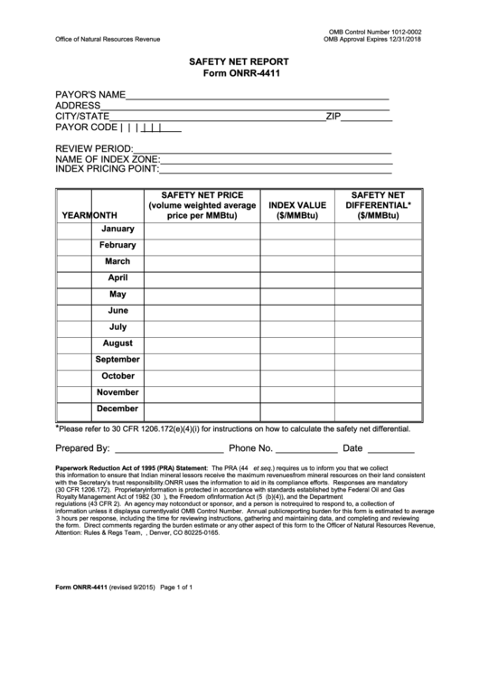 Form Onrr-4411 - Safety Net Report Printable pdf