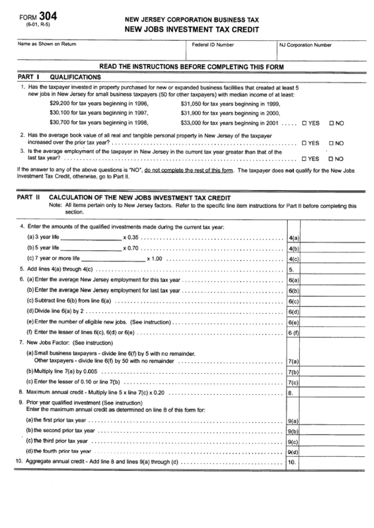 Form 304 - New Jobs Investment Tax Credit - New Jersey Corporation Business Tax Printable pdf