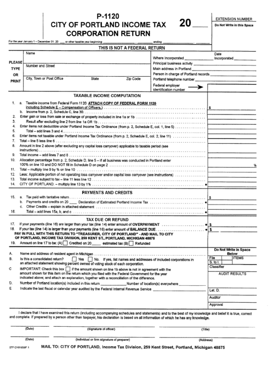 Form P-1120 - City Of Portland Income Tax Corporation Return - City Of Portland, Michigan Income Tax Division Printable pdf
