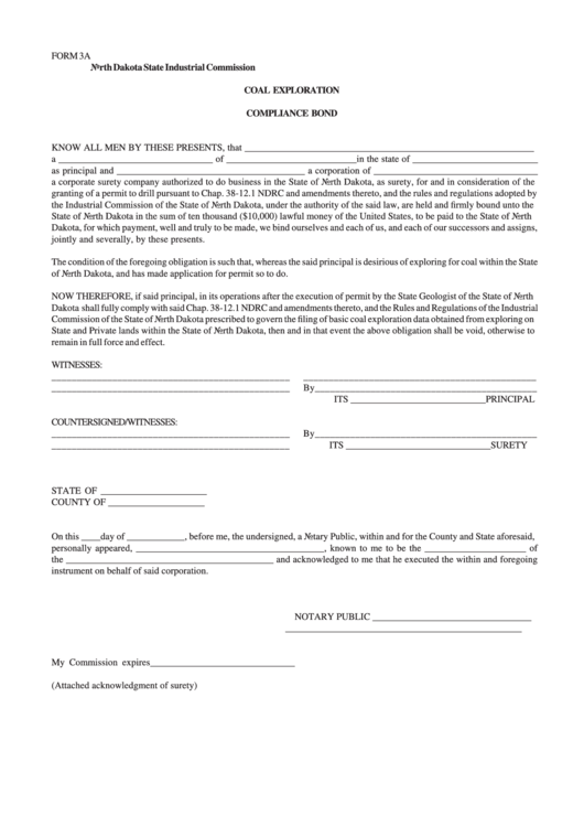 Form 3a - North Dakota Coal Exploration Compliance Bond Printable pdf