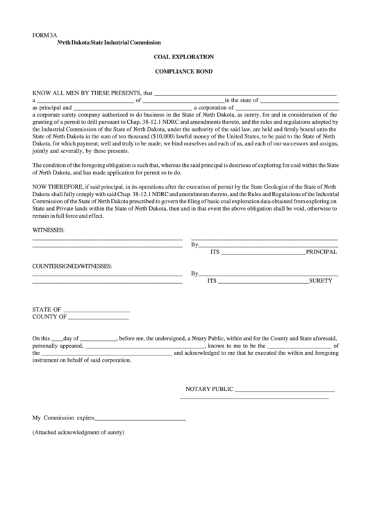 Form 3a - North Dakota Coal Exploration Compliance Bond printable pdf ...