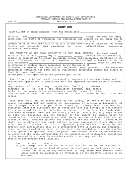 Fillable Surface Mining And Reclamation Section - Tennessee Department Of Health And Environment Printable pdf