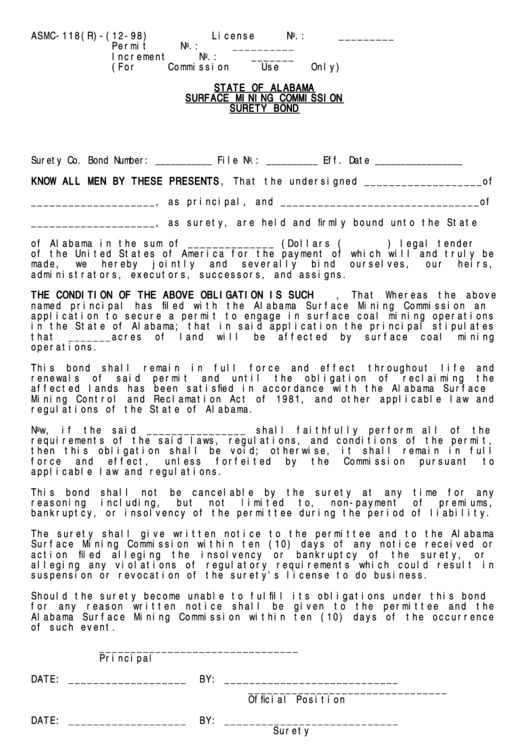 Fillable Form Asmc-118(R) -Alabama Surface Mining Commission Surety Bond Printable pdf