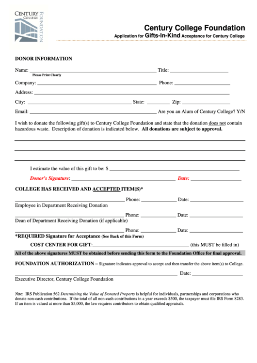 Application For Gifts-In-Kind Acceptance For Century College - Century College Foundation Printable pdf