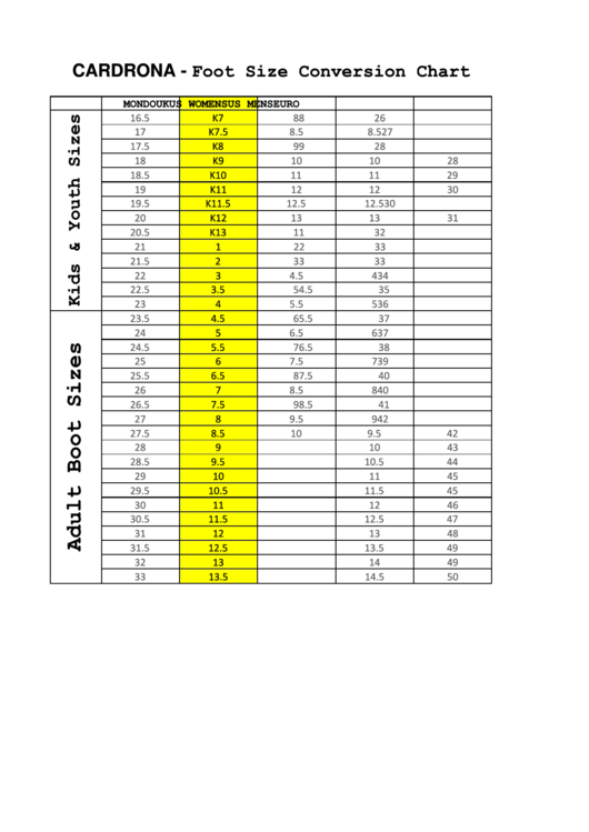 Cardrona - Foot Size Conversion Chart Printable pdf
