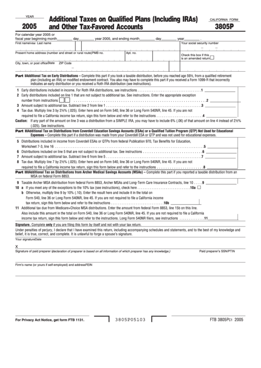 California Form 3805p - Additional Taxes On Qualified Plans (Including Iras) And Other Tax-Favored Accounts - 2005 Printable pdf