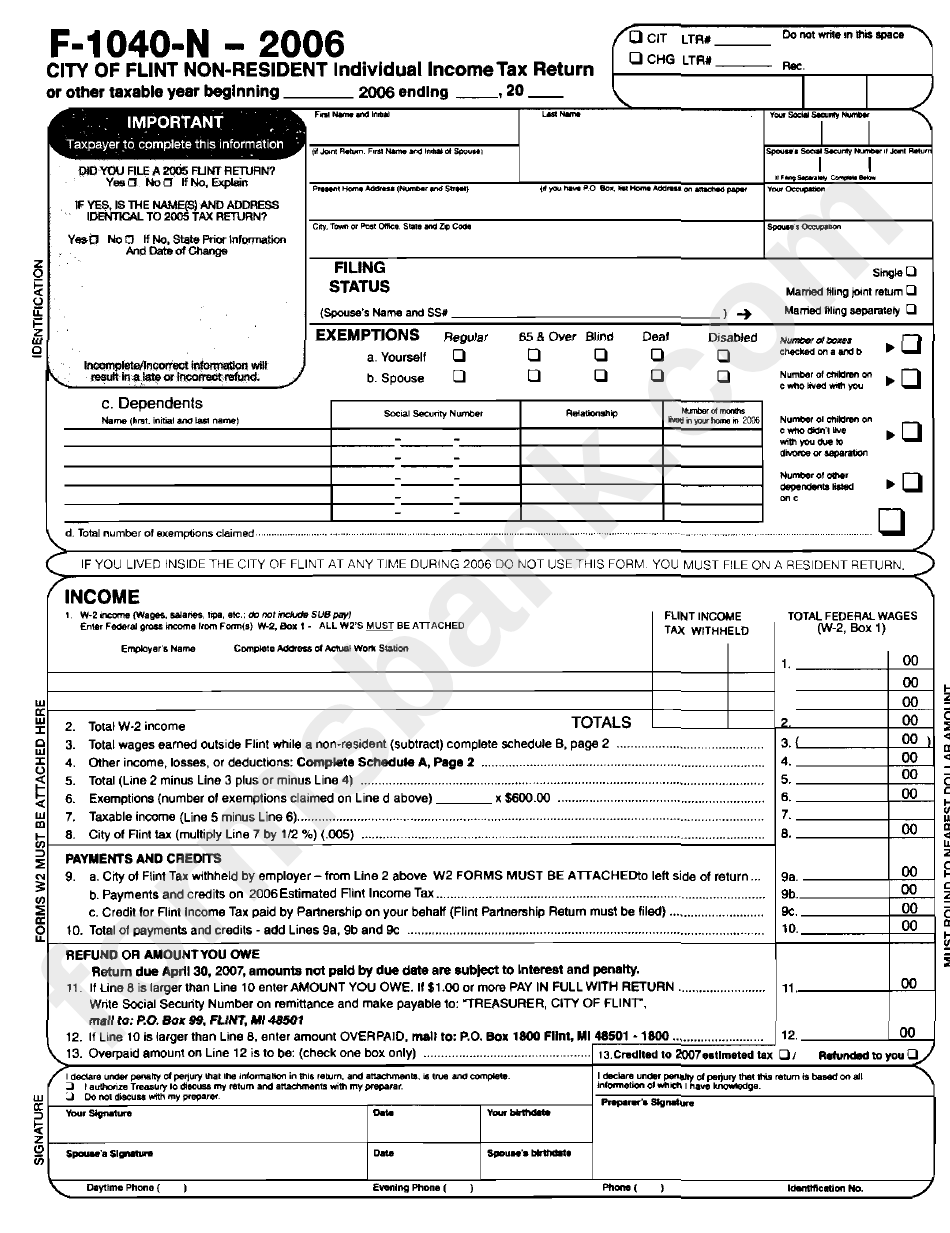 Form F-1040-N - City Of Flint Non-Resident Individual Income Tax Return - 2006