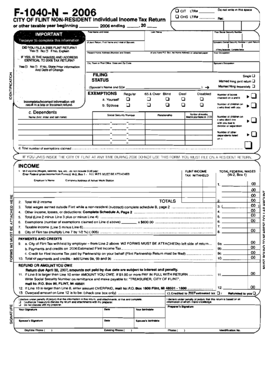 Form F-1040-N - City Of Flint Non-Resident Individual Income Tax Return - 2006 Printable pdf
