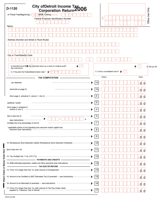 Form D-1120 - Income Tax Corporation Return - City Of Detroit - 2006 Printable pdf