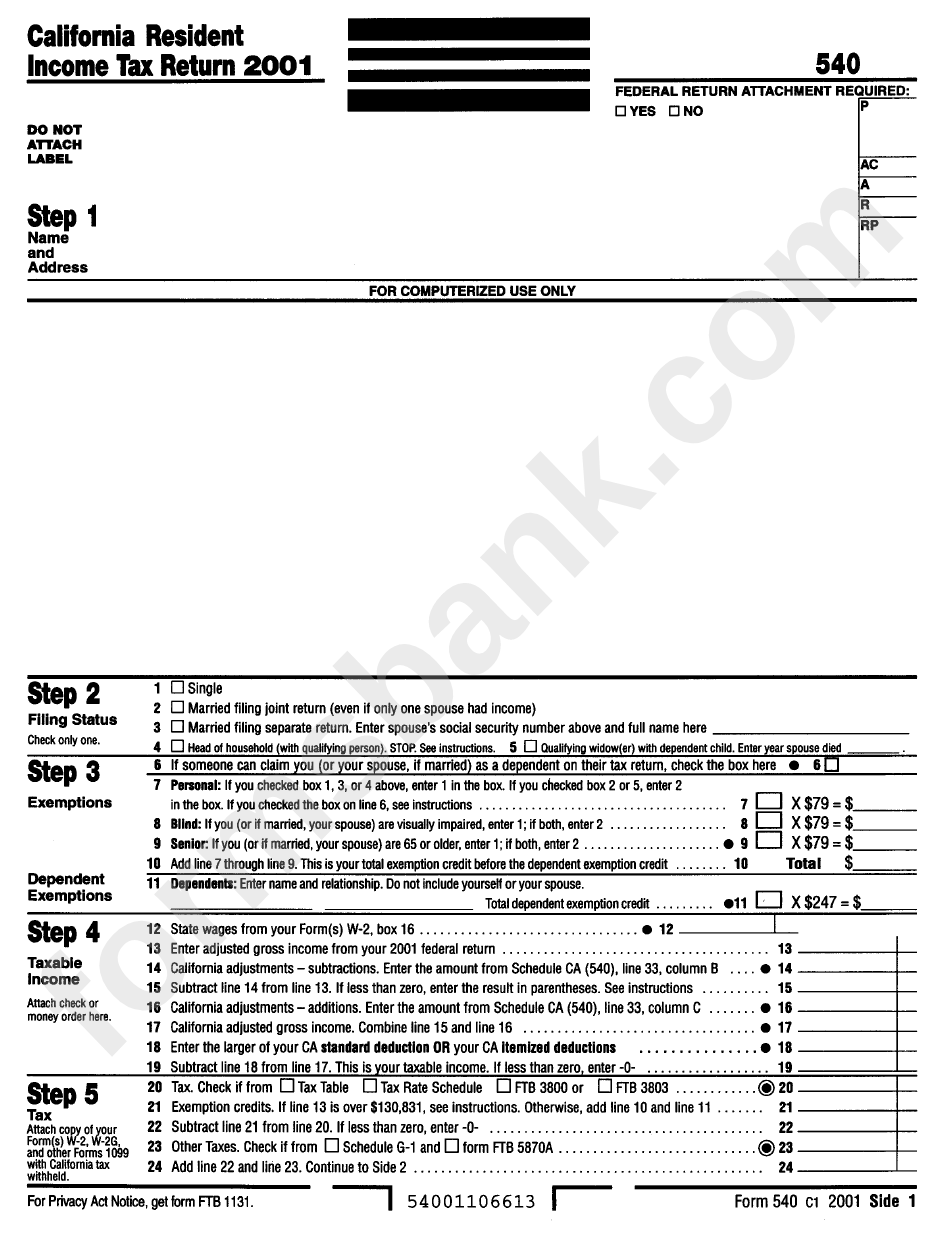Form 540 - California Resident Income Tax Return - 2001