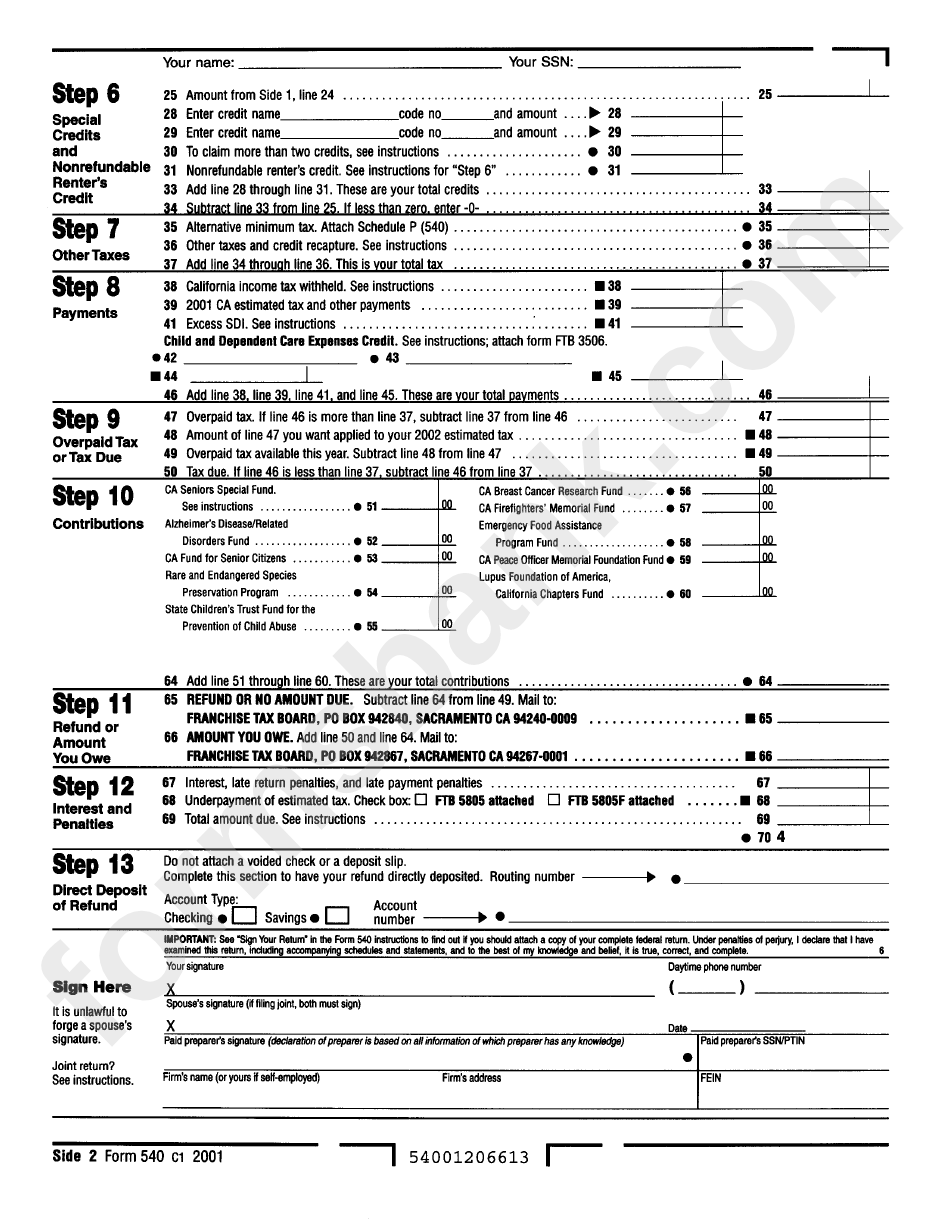 Form 540 - California Resident Income Tax Return - 2001