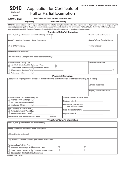Fillable Maryland Form Mw506ae - Application For Certificate Of Full Or Partial Exemption - 2010 Printable pdf