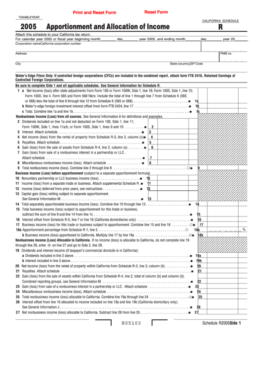 Fillable California Schedule R - Apportionment And Allocation Of Income - 2005 Printable pdf