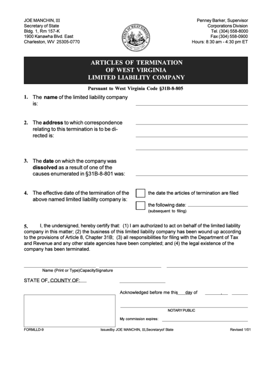 Form Lld-9 - Articles Of Termination Of West Virginia Limited Liability Company - West Virginia Secretary Of State Printable pdf