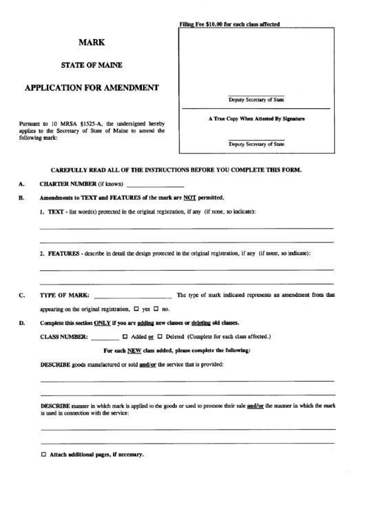 Form Mark-3 - Application For Amendment - Maine Secretary Of State Printable pdf