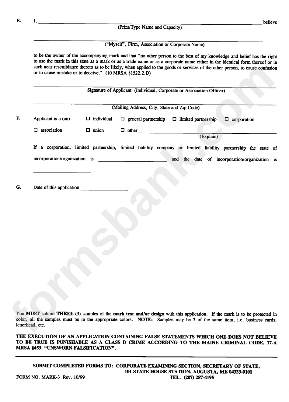 Form Mark-3 - Application For Amendment - Maine Secretary Of State