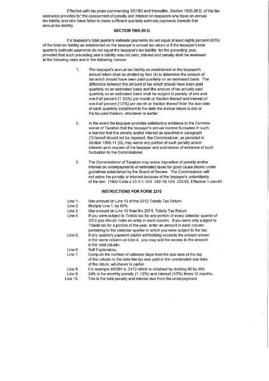 Instructions For Form 2210 - City Of Toledo, Ohio Tax Printable pdf