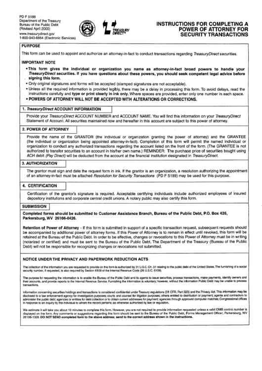 Pd Form 5188 - Instructions For Completing A Power Of Attorney For Security Transactions - Department Of Treasury Printable pdf
