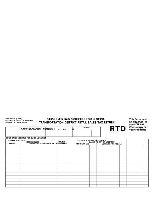 Form Dr 0100-1r - Supplementary Schedule For Regional Transportation District Retail Sales Tax Return - Colorado Department Of Revenue Printable pdf