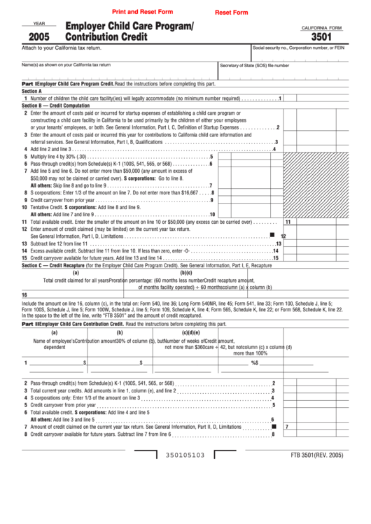 Fillable California Form 3501 - Employer Child Care Program/ Contribution Credit - 2005 Printable pdf