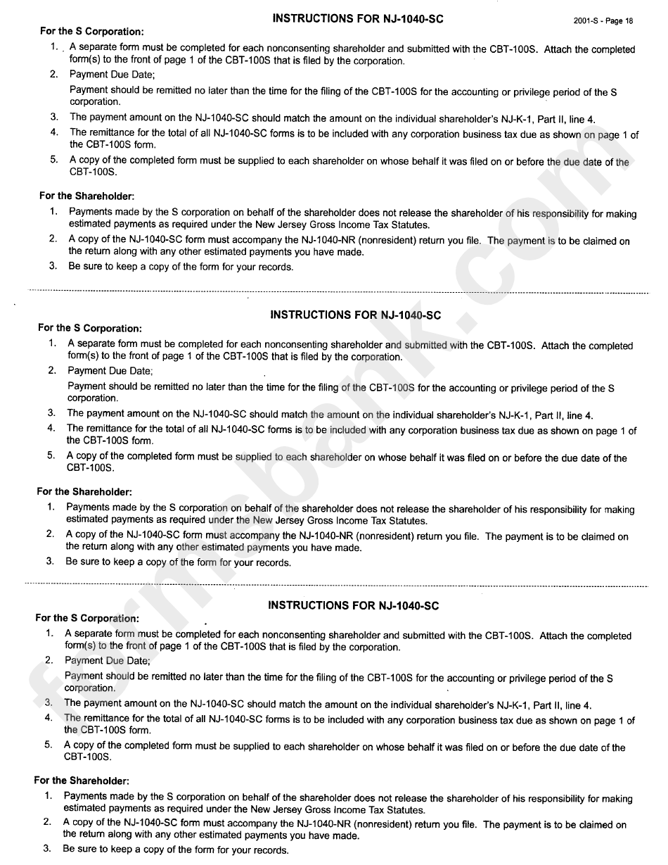 Instructions For Form Nj-1040-Sc - New Jersey Department Of The Treasury - 2001