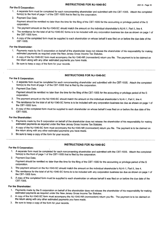 Instructions For Form Nj-1040-Sc - New Jersey Department Of The Treasury - 2001 Printable pdf