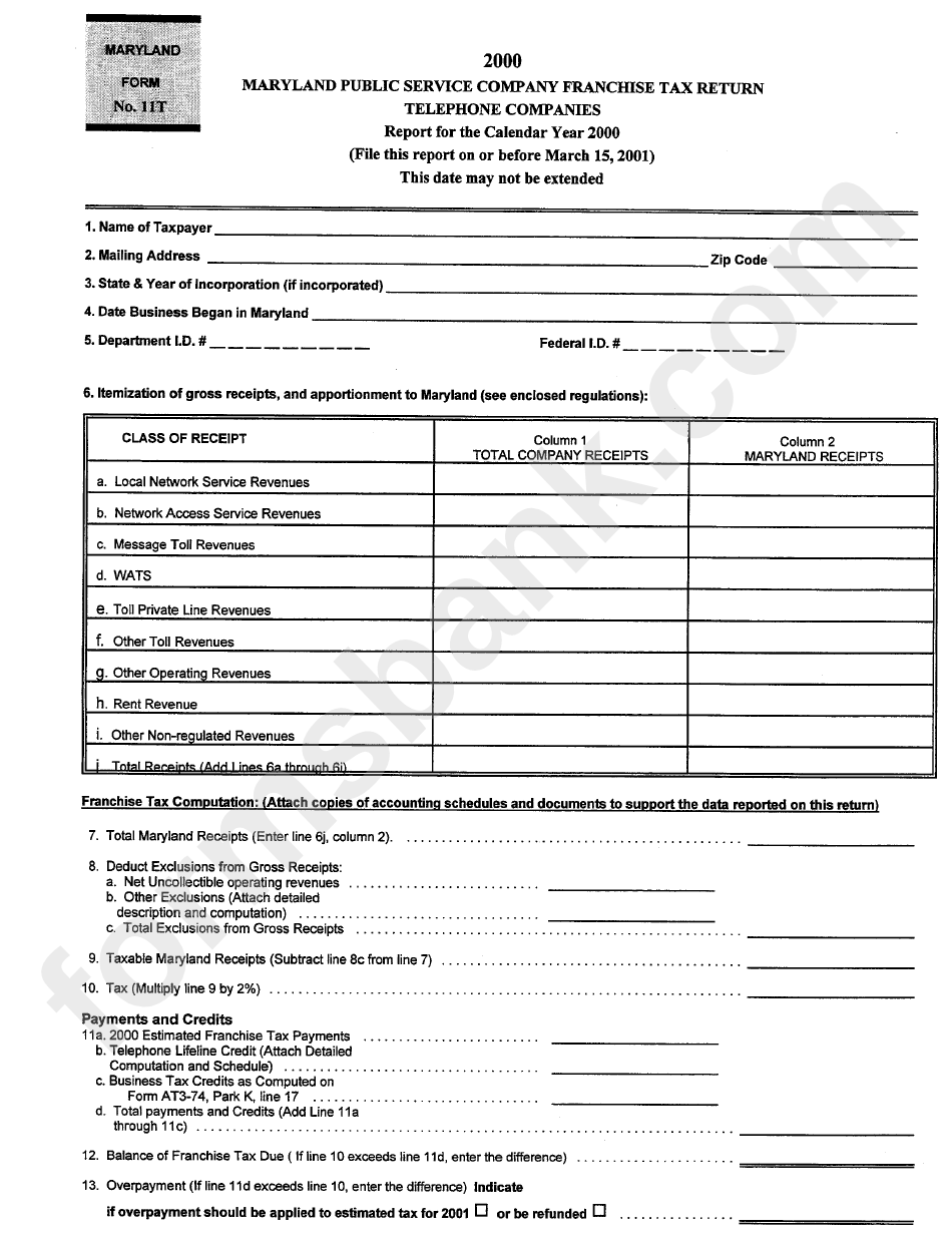 Form 11t - Maryland Public Service Company Franchise Tax Return Telephone Companies - 2000