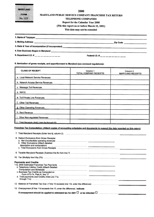 Form 11t - Maryland Public Service Company Franchise Tax Return Telephone Companies - 2000 Printable pdf