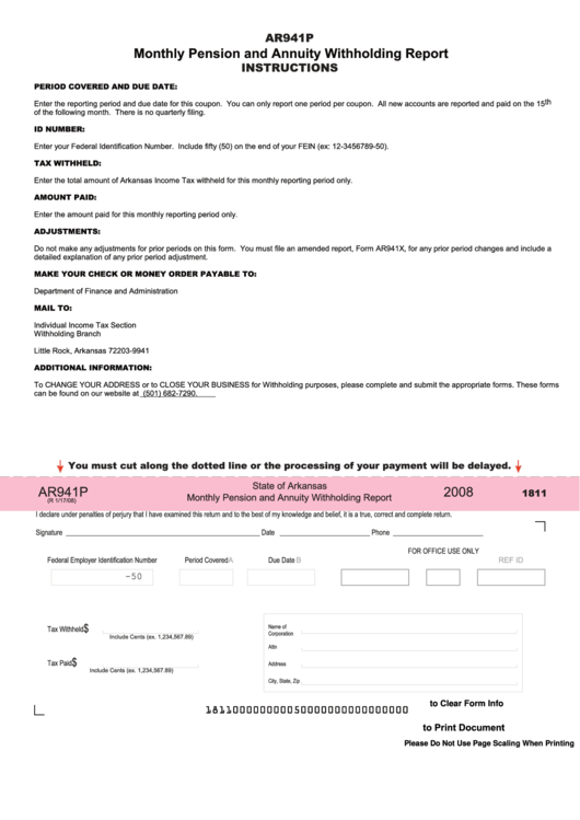 Fillable Form Ar941p - Monthly Pension And Annuity Withholding Report - 2008 Printable pdf