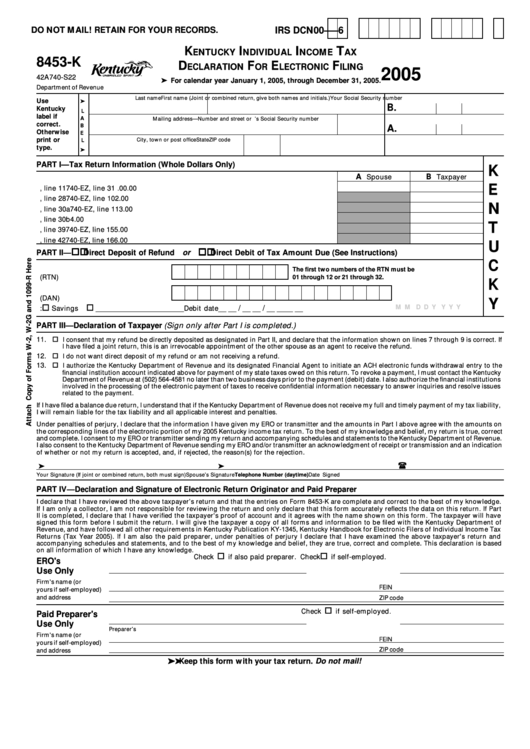 Form 8453-K - Kentucky Individual Income Tax Declaration For Electronic Filing - 2005 Printable pdf